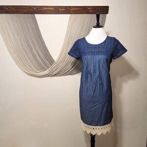 Lucky Brand Chambray Lace Trim Dress Sz S